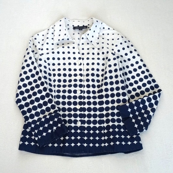 Jones New York White Navy Blue Polka Dot Mid-Century Modern 3/4 Sleeve Top P/S - Picture 7 of 12